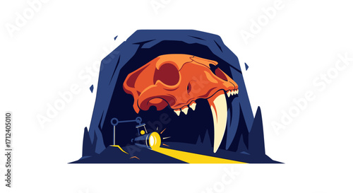 Saber tooth tiger skull in a dark cave with a glowing light.