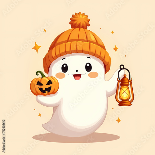 Cute Ghost Holding Pumpkin and Lantern