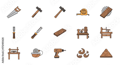 Set of Colorful Carpentry and Woodcraft Equipment Icons.