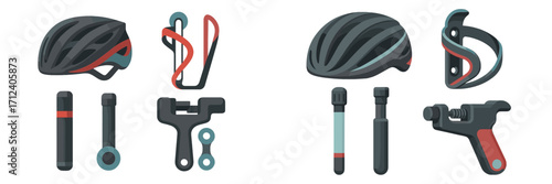 Essential bicycle accessories collection featuring helmets, bottle cages, chain tools, and pumps for cycling enthusiasts and riders