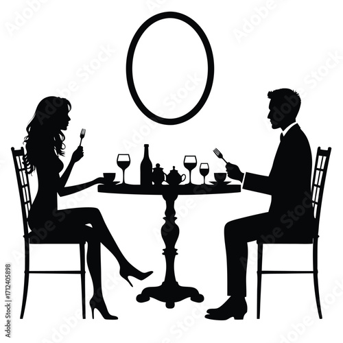 Couple dining at a table with oval frame above silhouette