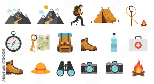 Set of flat vector icons for hiking camping and outdoor adventure.