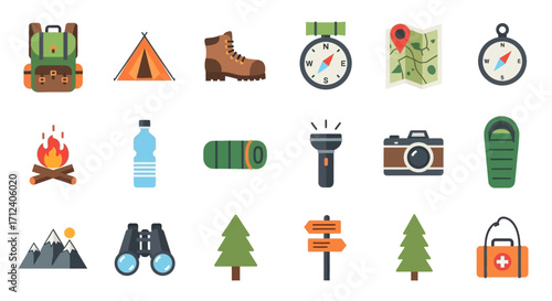 Set of Outdoor Adventure and Camping Equipment Icons.