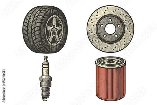 Different car parts displayed, including a tire, brake disc, spark plug, and oil filter, showcasing components of vehicle maintenance