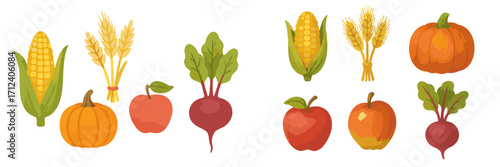 Collection of colorful and fresh vegetables and fruits featuring corn, pumpkin, radish, and apples in a vibrant display