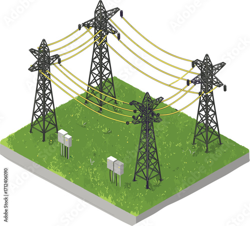 3D isometric power transmission system, high-voltage towers, electric grid infrastructure, utility transformers, energy distribution, grassy terrain, engineering layout