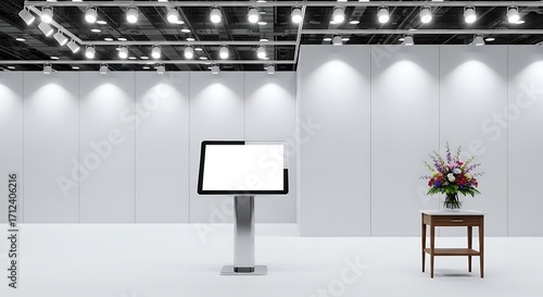 Information kiosk stands in a bright, modern exhibition hall near a floral arrangement, creating a clean and professional atmosphere.