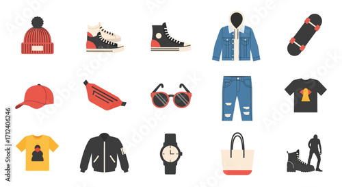 Set of Trendy Youth Fashion Clothing and Accessories Icons.