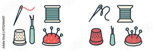 Essential sewing tools and haberdashery items like needle, thread, thimble, seam ripper, and pincushion for crafting and mending projects