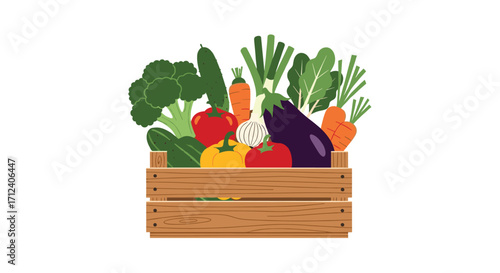 A wooden crate filled with fresh organic vegetables and greens.