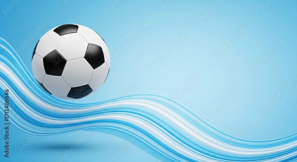 Fototapeta premium Classic Soccer Ball with Dynamic Blue and White Wavy Lines on a Gradient Background