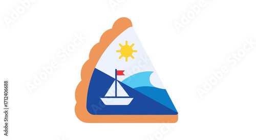 Slice of pie with a nautical scene illustration.