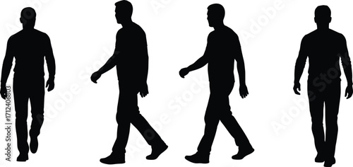 Silhouette of walking man, male shadow figure isolated, black human pose design, people movement illustration, pedestrian lifestyle concept art