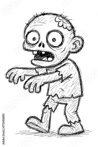 Zombie with bulging eyes and tattered clothes hand drawn in pencil and crayon for Halloween cartoon horror character
