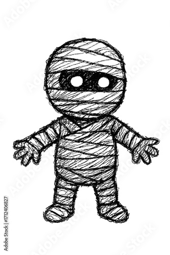 Mummy character with bandages hand drawn in pencil and crayon for Halloween creepy cartoon illustration in black and white