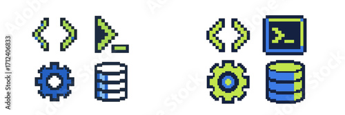 Colorful pixel art icons for programming, database, settings, and command line interfaces in digital projects