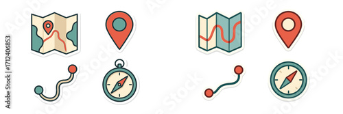 Navigation and travel icons set with maps, location pins, routes, and compasses for adventure and exploration