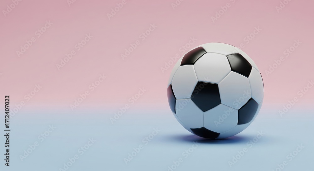 Naklejka premium Classic Black and White Soccer Ball on Modern Pastel Pink and Blue Gradient Background with Copy Space