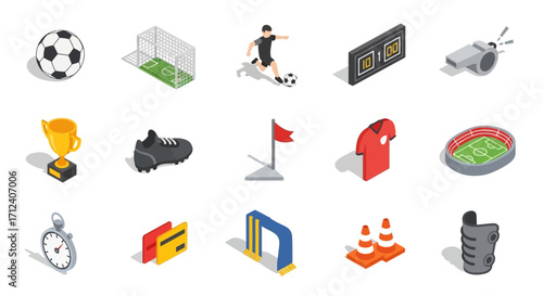 Soccer Sport Equipment and Game Elements Isometric Icons.