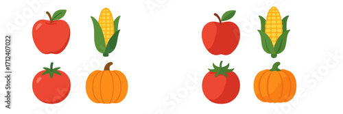 Colorful cartoon fruits and vegetables arranged in two rows showing apples, corn, tomatoes, and pumpkins against a white background