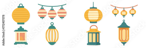 Assortment of traditional Asian style decorative lanterns and festive string lights for cultural celebrations and events