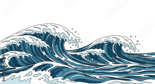 A dynamic pixel art depiction of large ocean waves cresting under a clear sky.