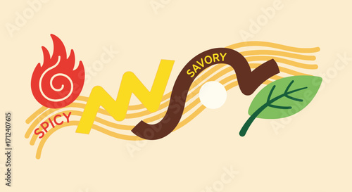 Spicy and Savory Food Elements with Flame and Leaf.