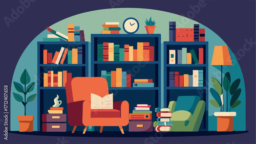 A cozy reading nook with bookshelves filled with a variety of magazines and books.
