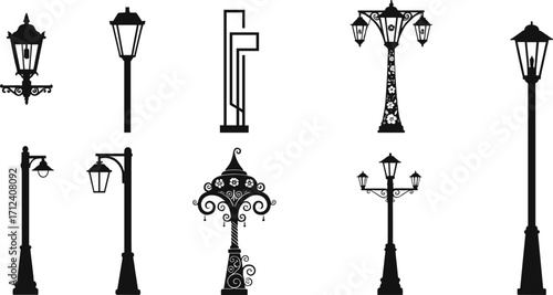Street lamp silhouettes, vintage lantern vector, decorative outdoor lighting design, classic streetlight illustration, black urban lamp post, antique city decor