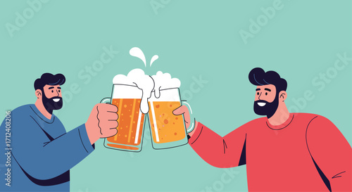 Two men with beards and friendly smiles clink their glasses of frothy beer.