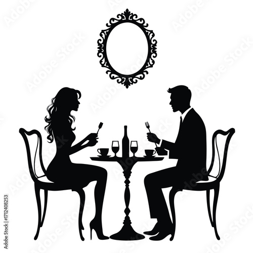 Couple dining at table with ornate mirror above restaurant