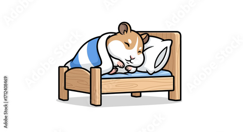 Charming cartoon hamster enjoying a deep and restful sleep in its tiny, comfortable bed, covered by a warm, striped blanket, embodying peace and tranquility