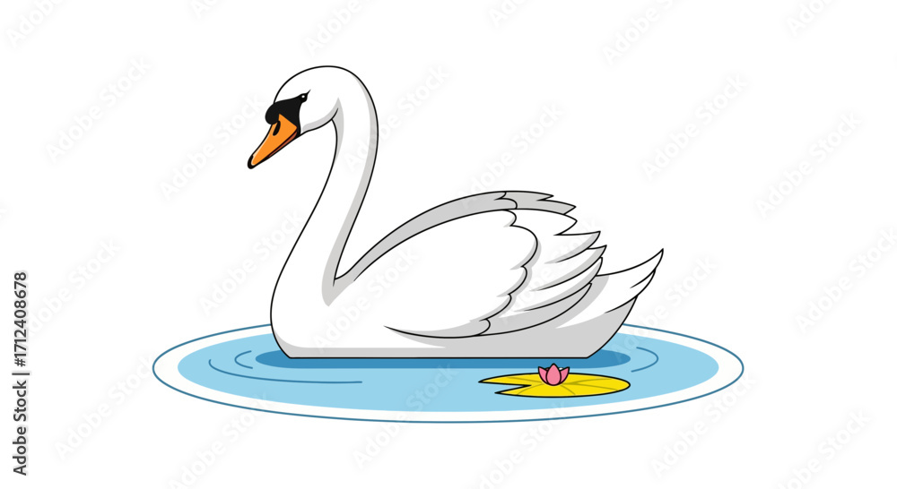 Fototapeta premium An elegant white swan gracefully swimming in a tranquil blue pond with a lotus flower, a simple vector illustration of wildlife beauty