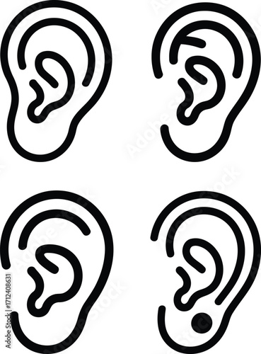 Simple Human Ear Icon Set Depicting Anatomy and Structure Featuring Cartilage, Lobes and Sound Receptors, Representing Hearing Sense and Communication