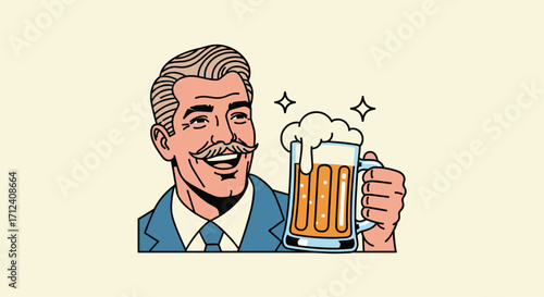 A happy man in a suit raises a full glass of beer with foam and bubbles.