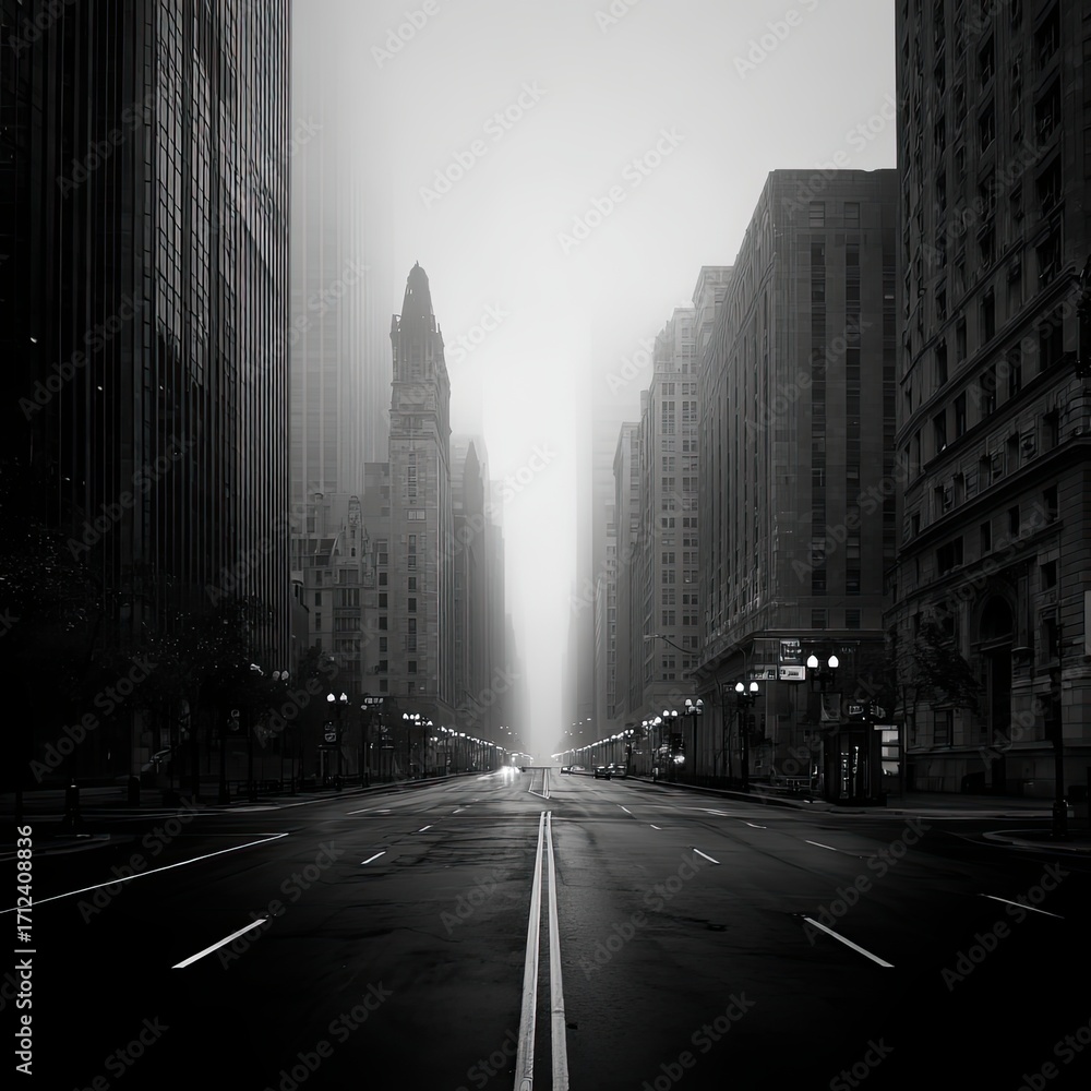 Naklejka premium Empty urban street with tall buildings disappearing into a thick fog, creating a mysterious and atmospheric monochrome city landscape for urban exploration.