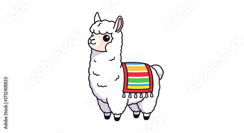 Cute Cartoon Alpaca Illustration with Colorful Saddle Blanket