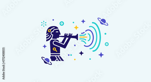 Stylized cosmic deity playing a celestial trumpet in space.
