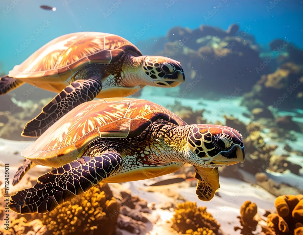 Obraz premium Two turtles swimming in coral reef