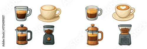 Collection of coffee cups and brewing equipment displayed in a cozy cafe setting