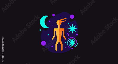 Stylized Figure Amidst Celestial Elements - A Cosmic Journey.