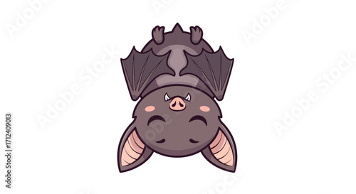 Cute Bat Cartoon Hanging Upside Down with Closed Eyes on White