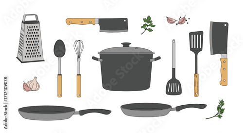 A collection of kitchen utensils and cookware for culinary preparation.