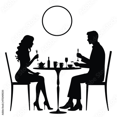 Couple dining at table with teapot and drinks silhouette