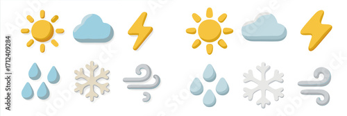 Weather symbols representing different conditions such as sun, clouds, rain, snow, and wind on a simple background