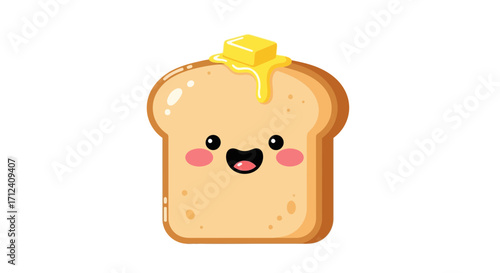 Adorable cartoon toast with melting butter, featuring a cheerful kawaii face, perfect for breakfast illustrations, food-related designs, and joyful morning themes