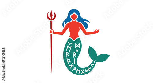Stylized Mermaid with Trident and Runes Illustration.