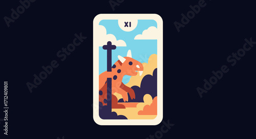 Stylized Orange Dinosaur on a Mystical Tarot Card Illustration.