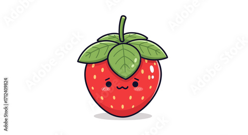 Adorable Kawaii Strawberry Character with Red Cheeks and Green Leaves - Cute Vector Art