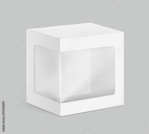 Square rectangle box with transparent window mockup. Vector illustration isolated on grey background, ready and simple to use for your design. EPS10. 